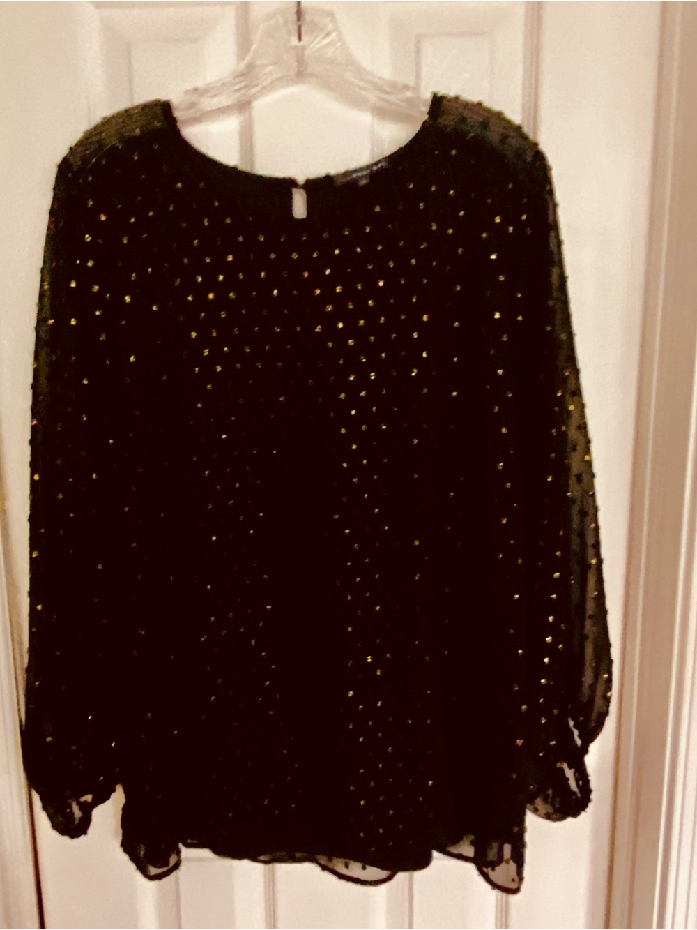 West Kei Black Sheer Blouse with Gold Dot Embellishments XL. Like New.